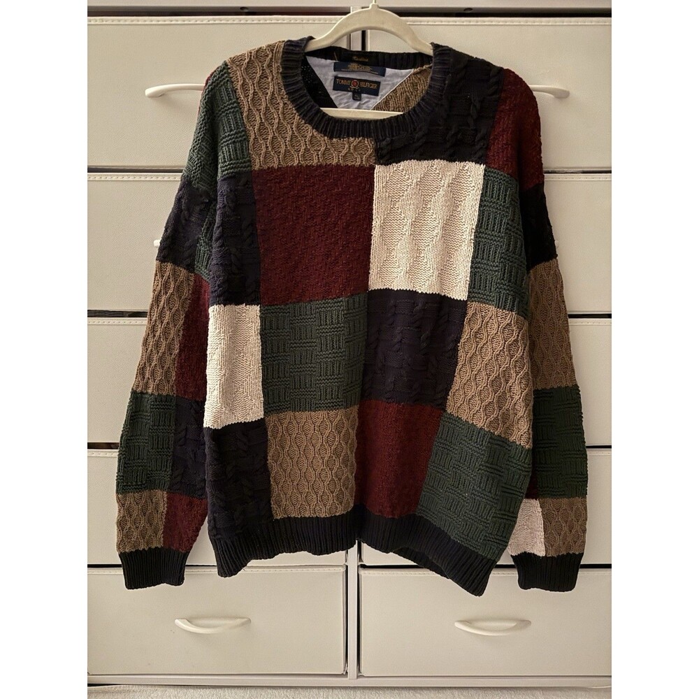 Tommy Hilfiger Sweater Mens L Blue Checker Golf Hand Knit Pullover Long Sleeve